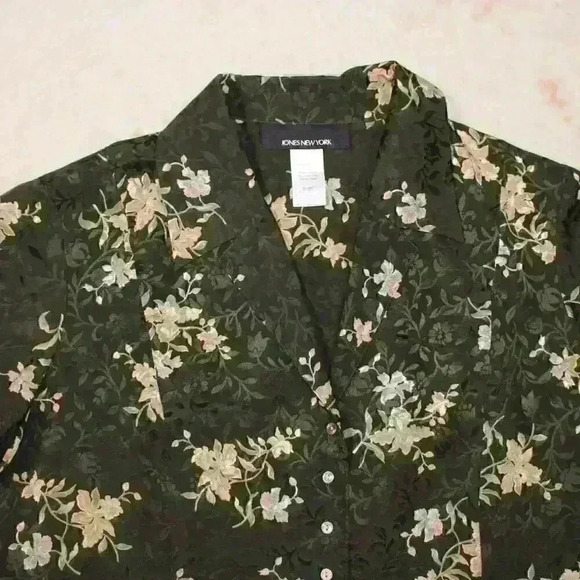 JONES NEW YORK Vintage 90s Pure Silk Kimono Style Crop Floral Button Top Large - Picture 2 of 10